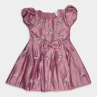 Girls' Dusty Rose Embellished Flared Short Sleeve Frock