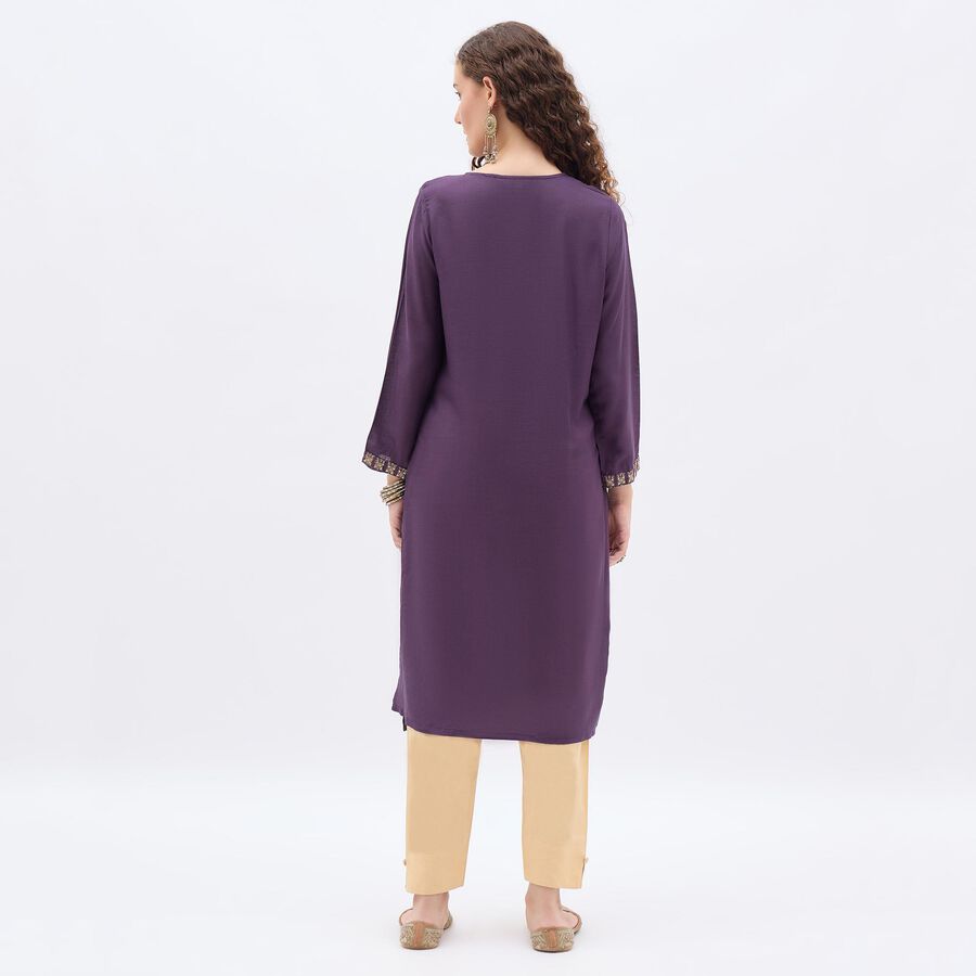 Women's Deep Plum Purple Round Neck Embroidered Kurta, वाइन, large image number null