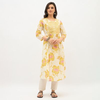 Women's Light Cream Round Neck Embroidered Floral Kurti