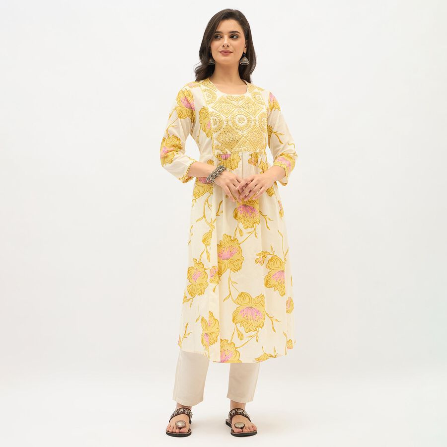 Women's Light Cream Round Neck Embroidered Floral Kurti, पीला, large image number null