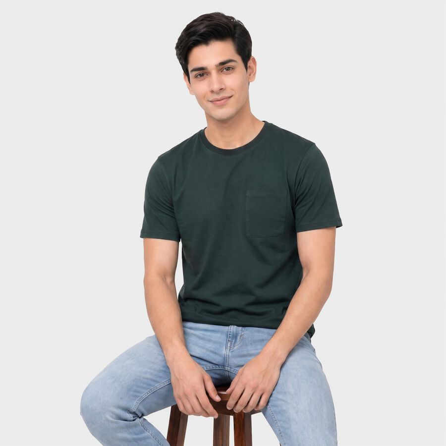 Men's Green Cotton Round Neck Regular T-Shirt, गहरा हरा, large