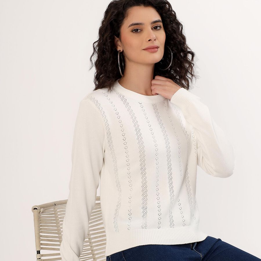 Women's Off White Cotton Crew Neck Casual Top, ऑफ व्हाइट, large