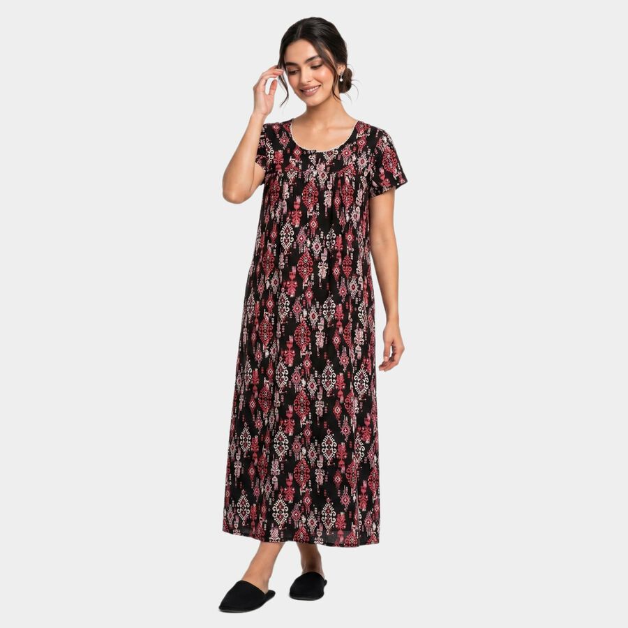 Women's Black Round Neck Maxi Nighty, Black, large