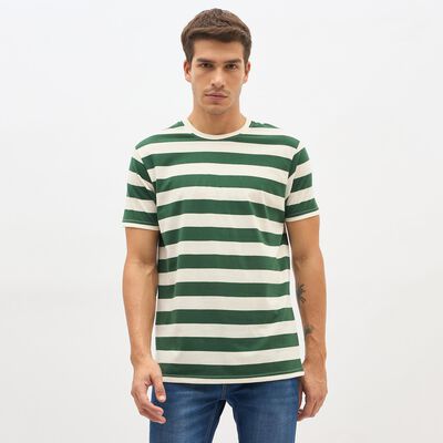Men's Dark Forest Green Round Neck Striped T-Shirt