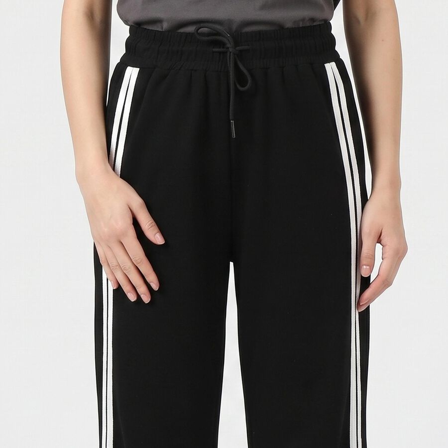 Women's Black Straight Fit Side-Striped Track Pants, Black, large