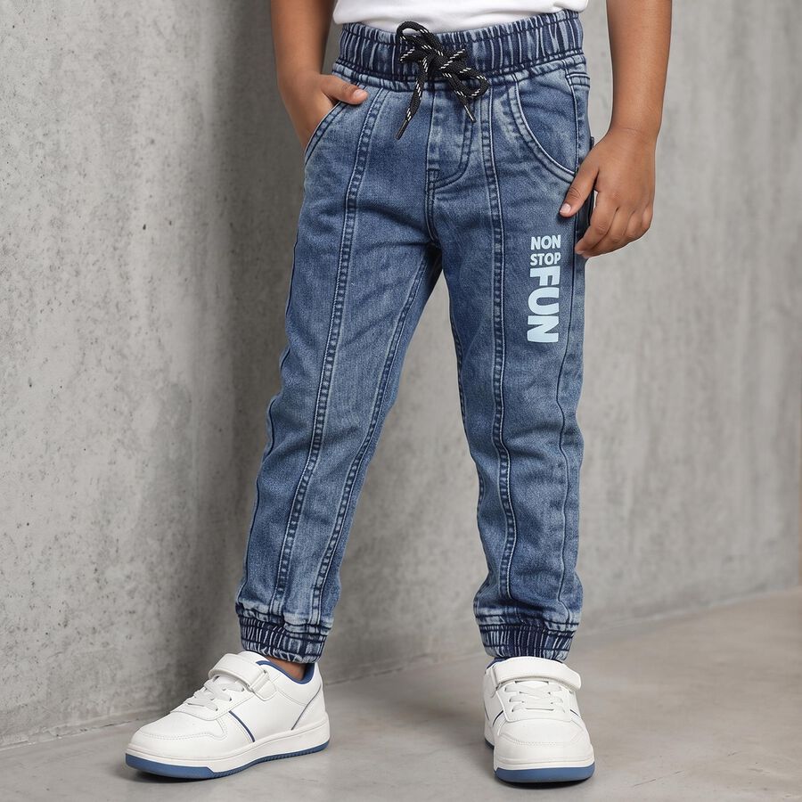 Boys Blue Jogger Fit Printed Jeans, Dark Blue, large