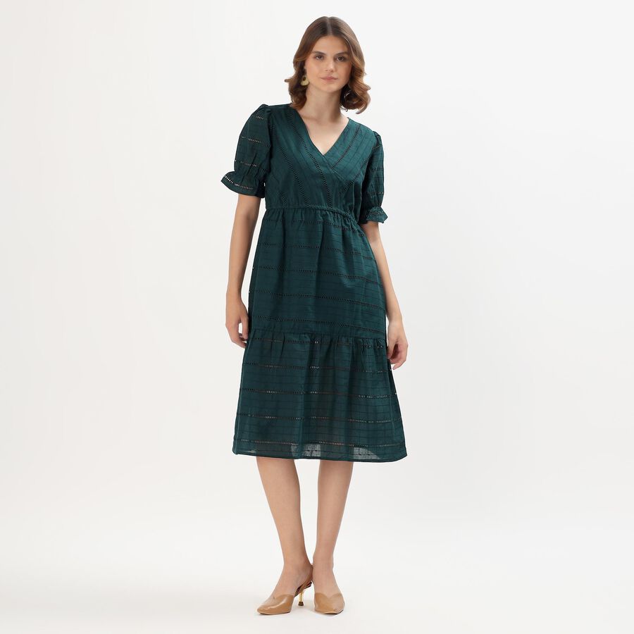 Women's Deep Forest Green Cotton V-Neck Empire Dress, गहरा हरा, large image number null