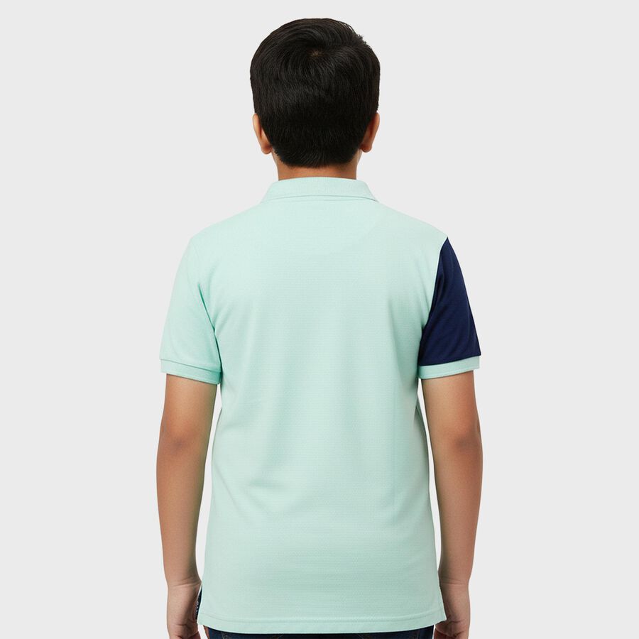 Boys Mint Green Cotton Polo Neck Graphic T-Shirt, Light Green, large