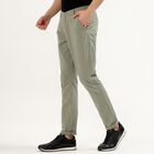 Men's Muted Olive Green Slim Fit Flat-Front Casual Trousers, Light Green, small