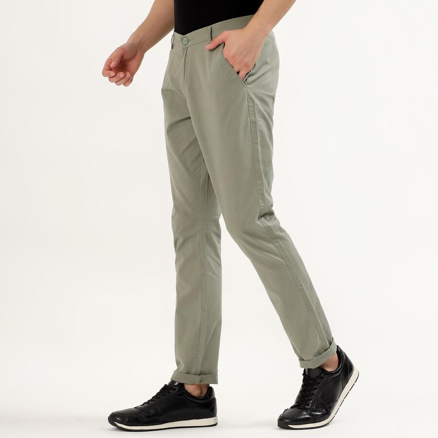 Men's Muted Olive Green Slim Fit Flat-Front Casual Trousers, Light Green, large
