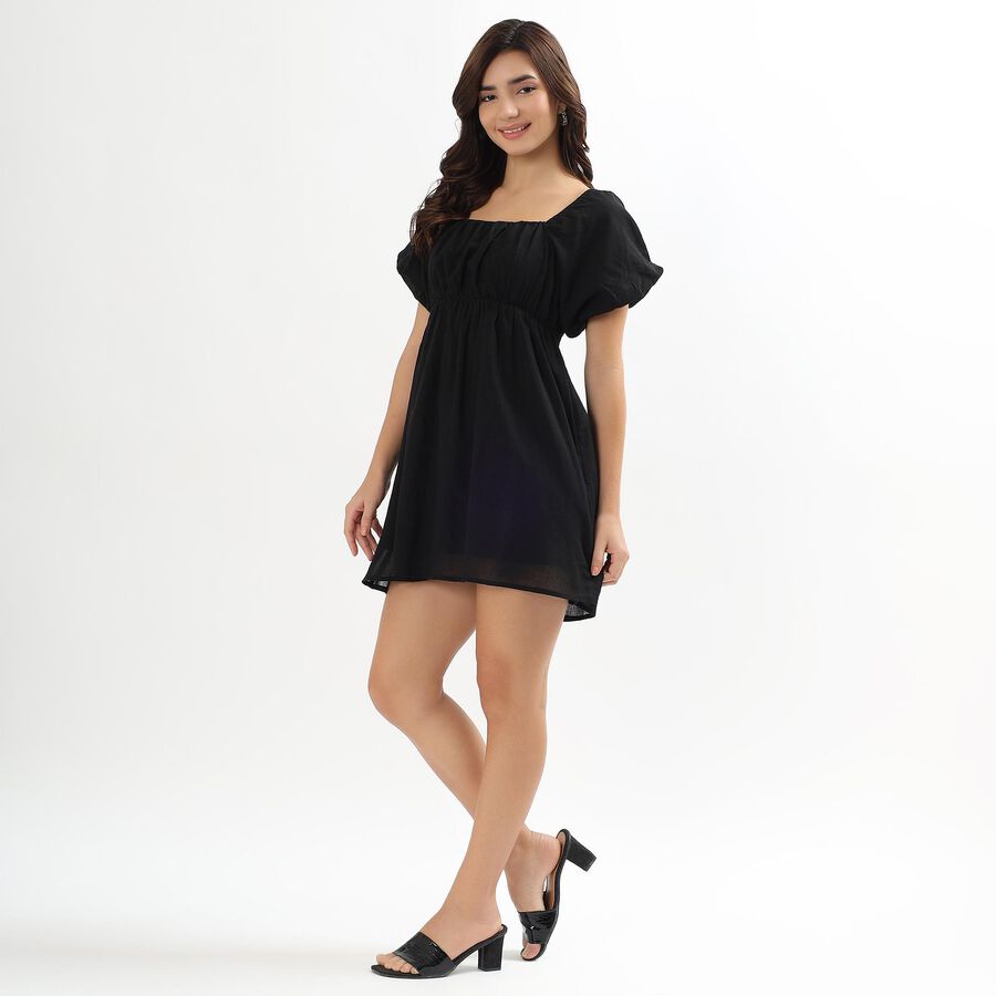 Ladies' Black Cotton Square Neck Empire Dress, Black, large image number null