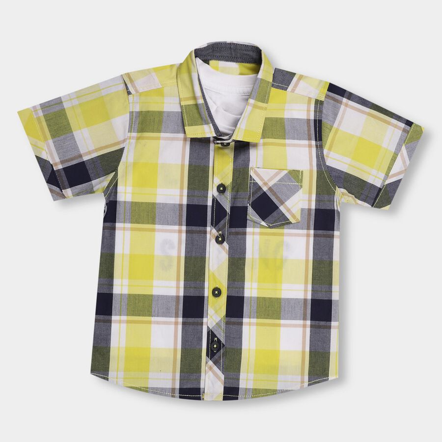 Boys' Bright Yellow Cotton Regular Collar Checked Shirt, Yellow, large image number null