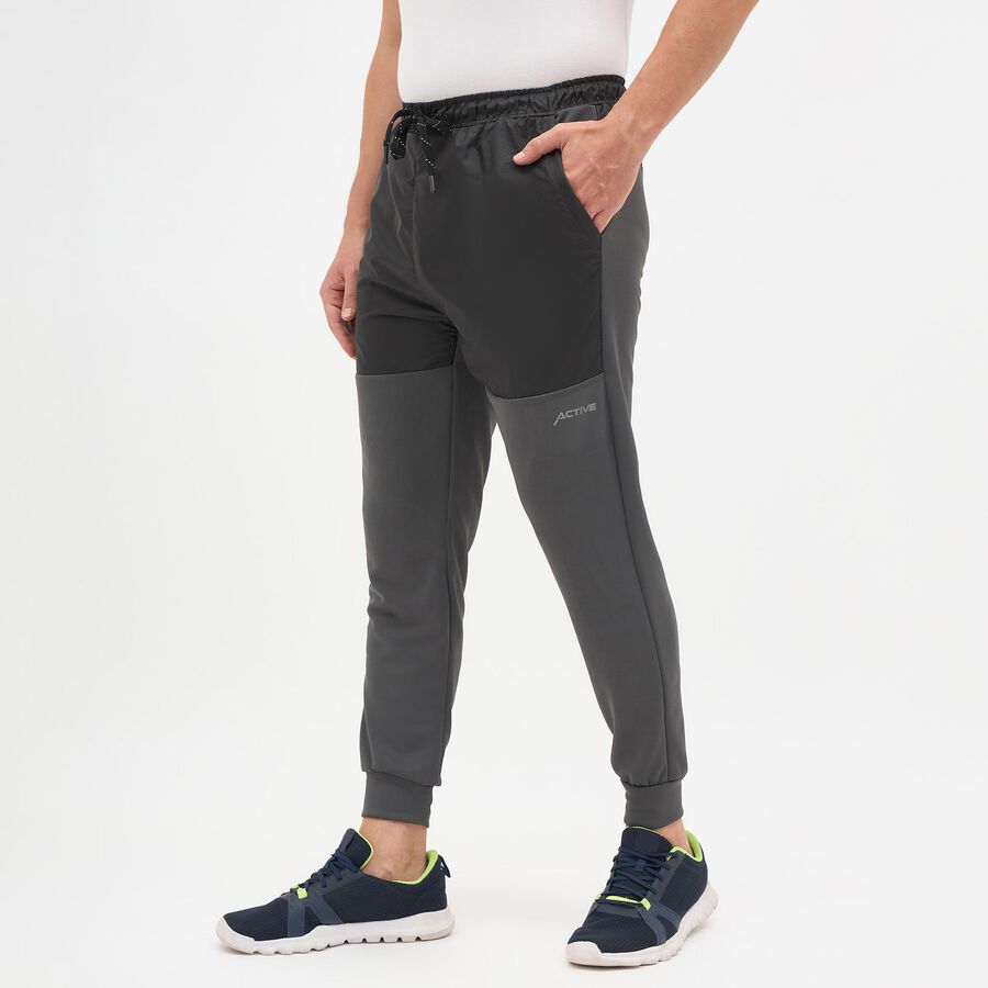 Men's Charcoal Grey Regular Fit Panelled Track Pants, Dark Grey, large