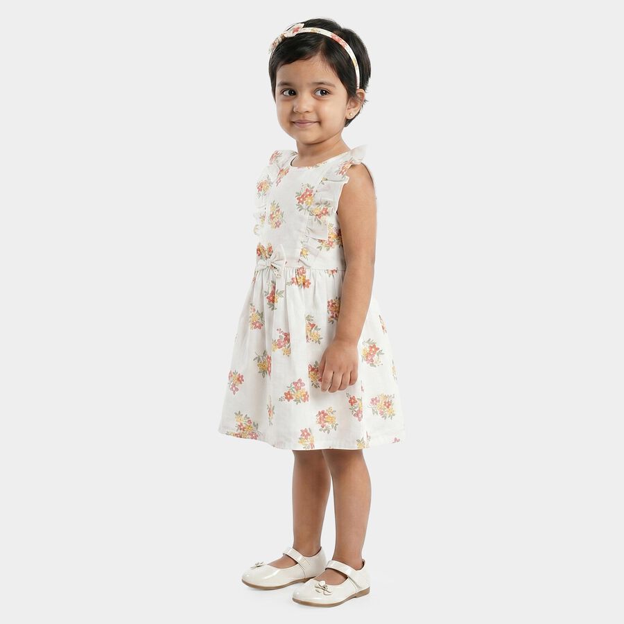 Girls' White Floral Printed Fit and Flare Frock, Off White, large