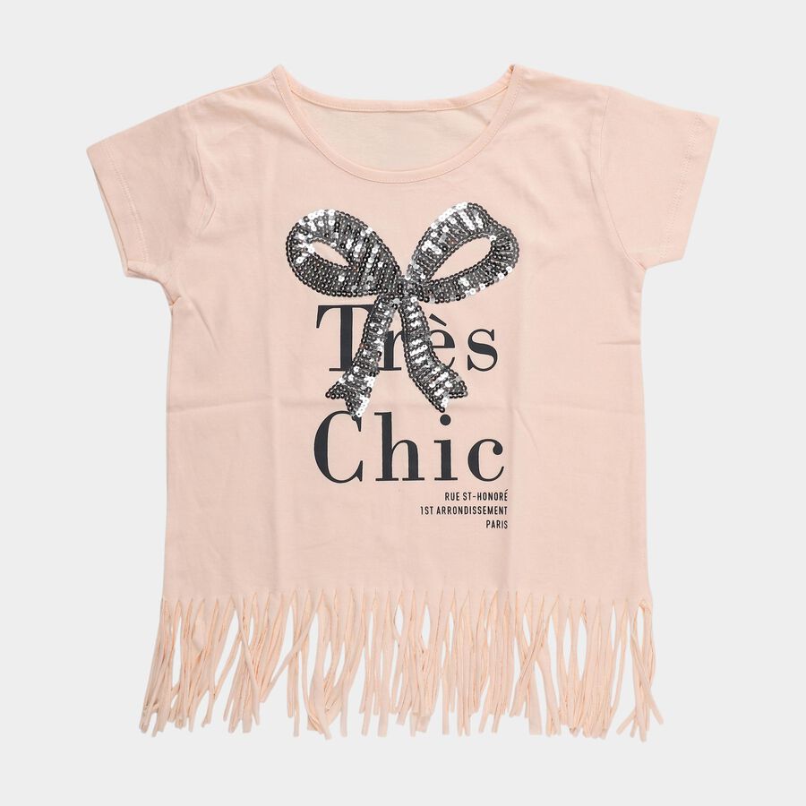 Girls' Light Pink Cotton Round Neck Graphic Printed T-Shirt, हल्का गुलाबी, large