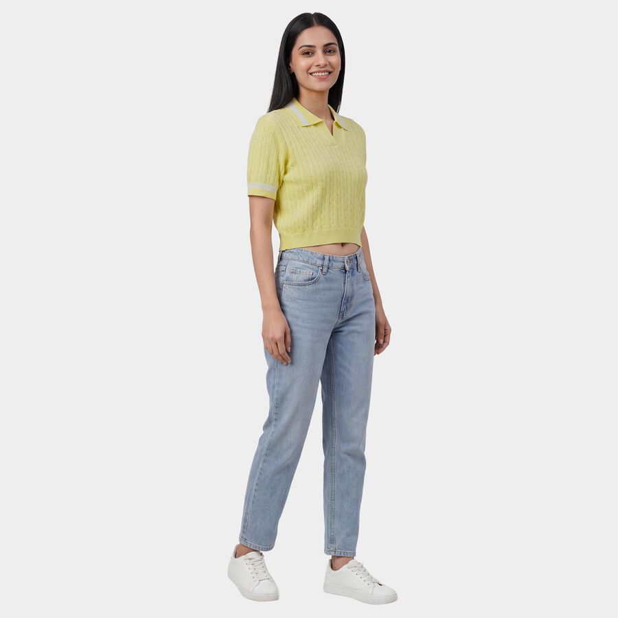Women's Yellow Cotton Round Neck Casual Top, Yellow, large