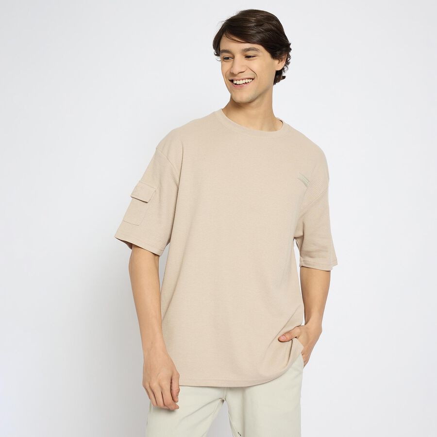 Men's Round Neck Half Sleeves T-Shirt, Beige, large