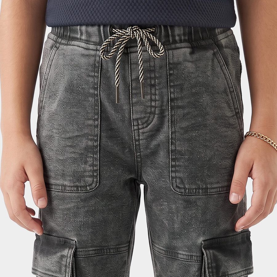Boys' Black Cargo Fit Washed Jeans, काला, large