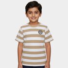 Boys' Beige Round Neck Striped Casual T-Shirt, गहरा पीला, small
