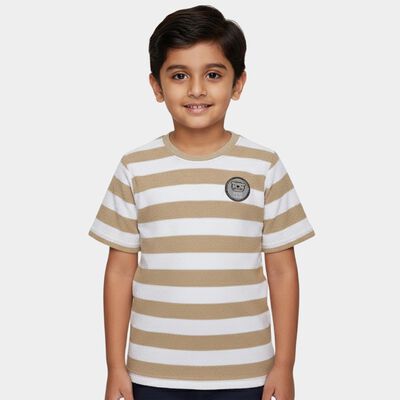 Boys' Beige Round Neck Striped Casual T-Shirt