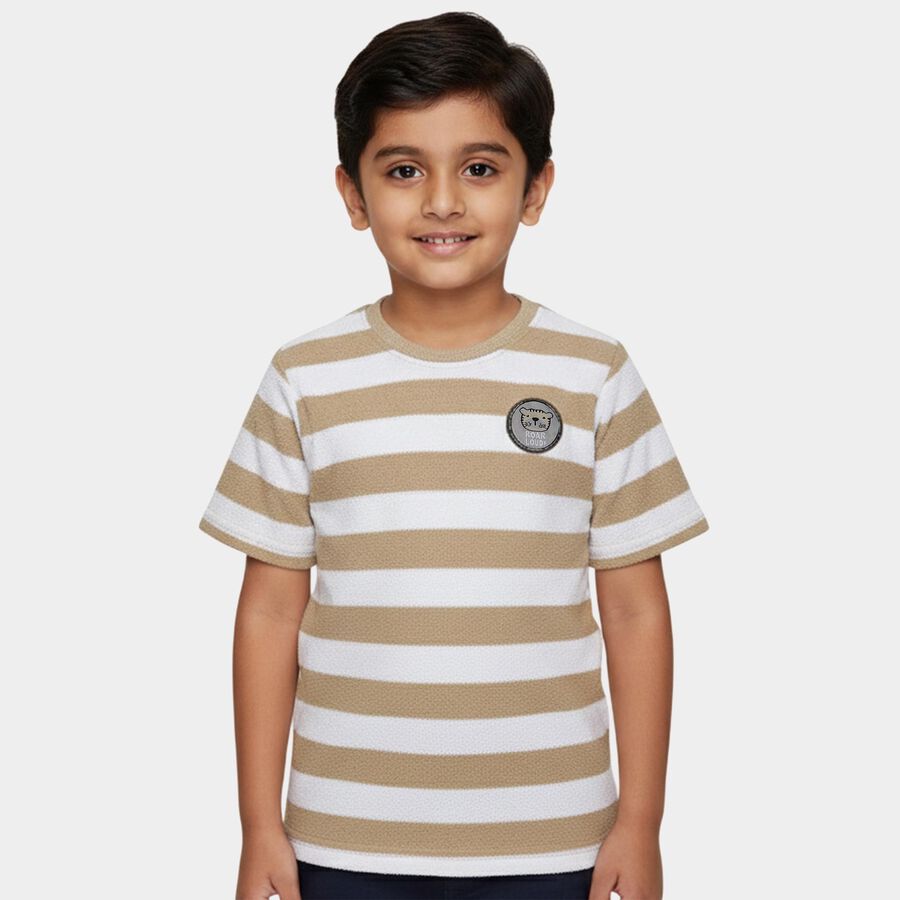 Boys' Beige Round Neck Striped Casual T-Shirt, गहरा पीला, large