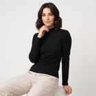 Women's Black Cotton Blend High Neck Regular Top, Black, small