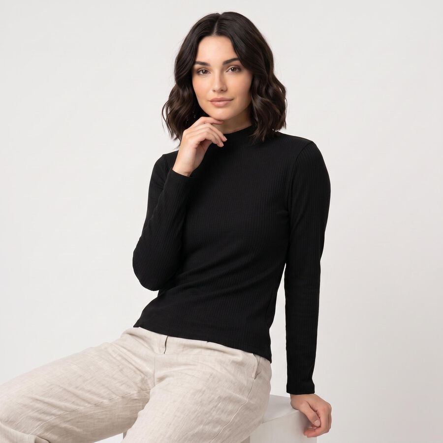 Women's Black Cotton Blend High Neck Regular Top, Black, large