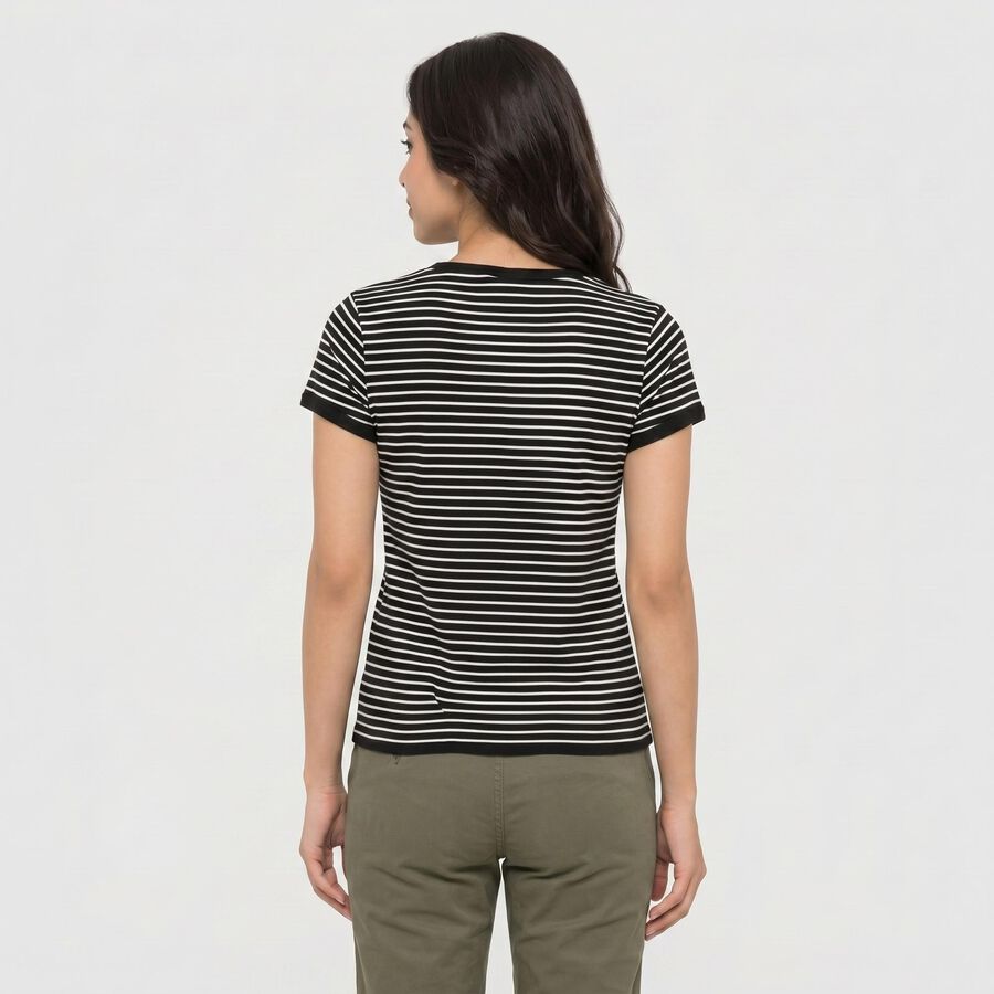 Women Black Round Neck Regular T-Shirt, Black, large