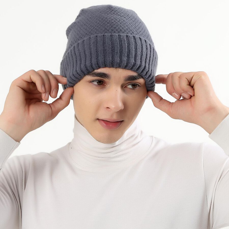 Men's Dark Charcoal Grey Knitted Beanie Cap, मिश्रित मध्यम ग्रे, large