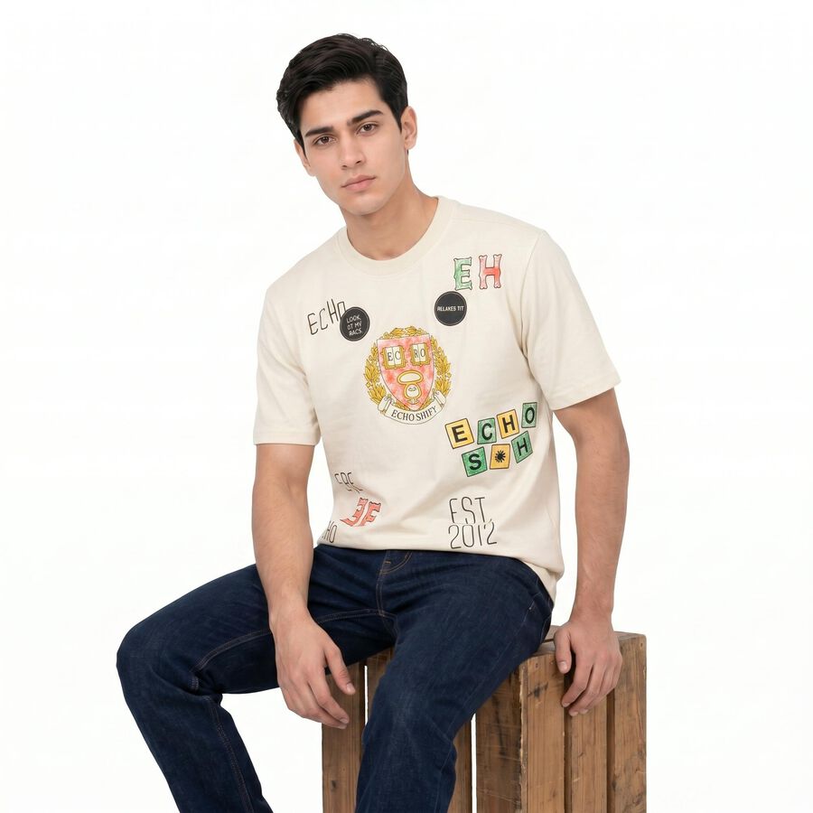 Men's White Cotton Round Neck Regular T-Shirt, Off White, large