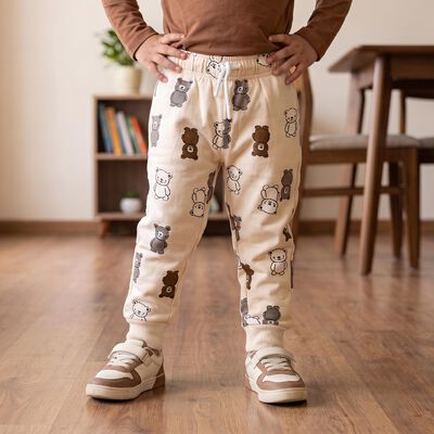 Boys' Beige Regular Fit Bear Printed Jogger Pyjama