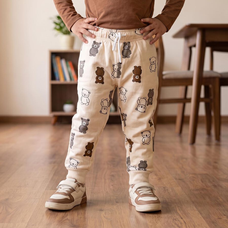 Boys' Beige Regular Fit Bear Printed Jogger Pyjama, Beige, large
