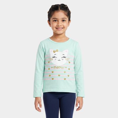 Girls' Mint Green Cotton Round Neck Regular Top
