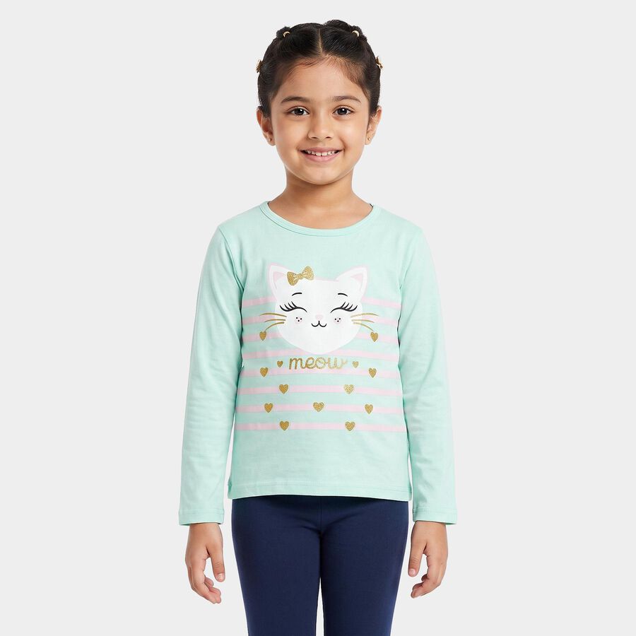 Girls' Mint Green Cotton Round Neck Regular Top, हल्का हरा, large