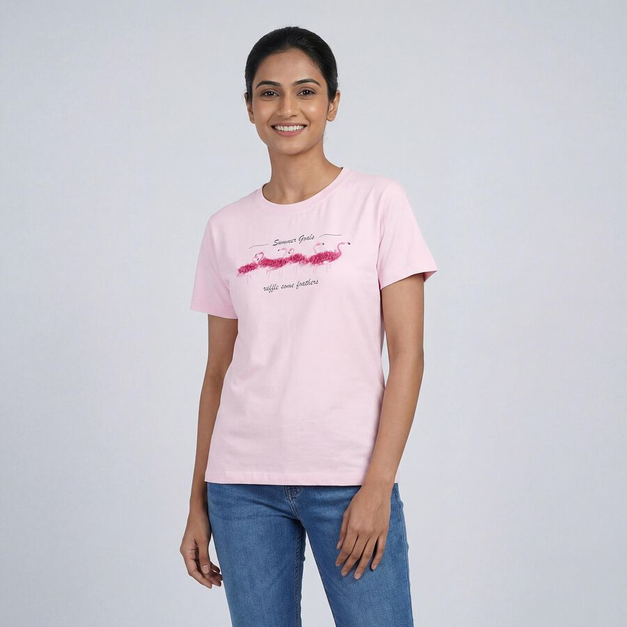 Women's Pink Cotton Round Neck Casual T-Shirt, हल्का गुलाबी, large