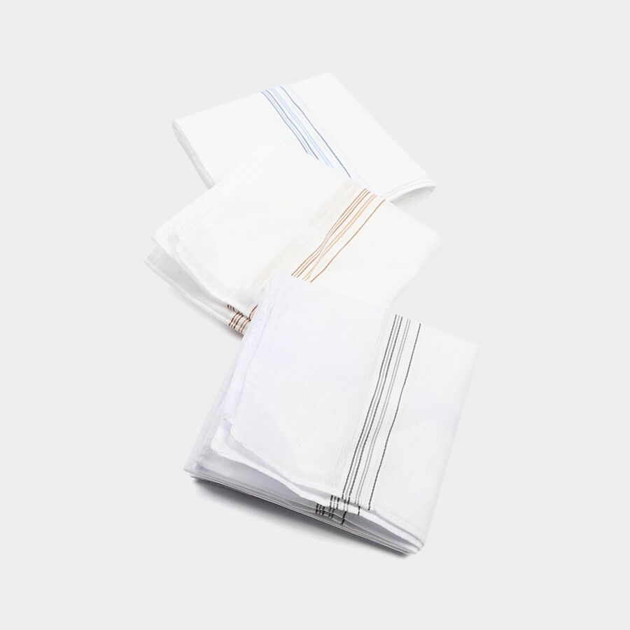 Men's White Striped Pack of 3 Handkerchief, White, large