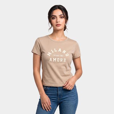 Women's Beige Cotton Round Neck Regular T-Shirt