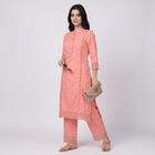 Women's Pink Cotton Notch Neck Solid Straight Kurta, Pink, small