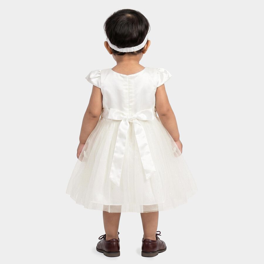 Infants' White Fit and Flare Floral Applique Party Wear Frock, सफ़ेद, large