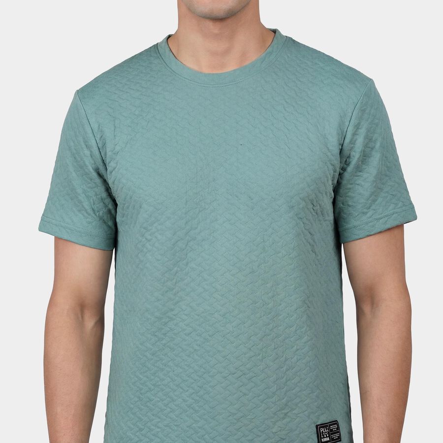 Men's Teal Round Neck Athleisure T-Shirt, Aqua, large