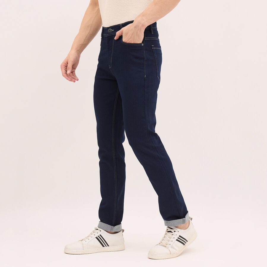Men's Denim Five Pocket Slim Fit Jeans, गहरा नीला, large image number null
