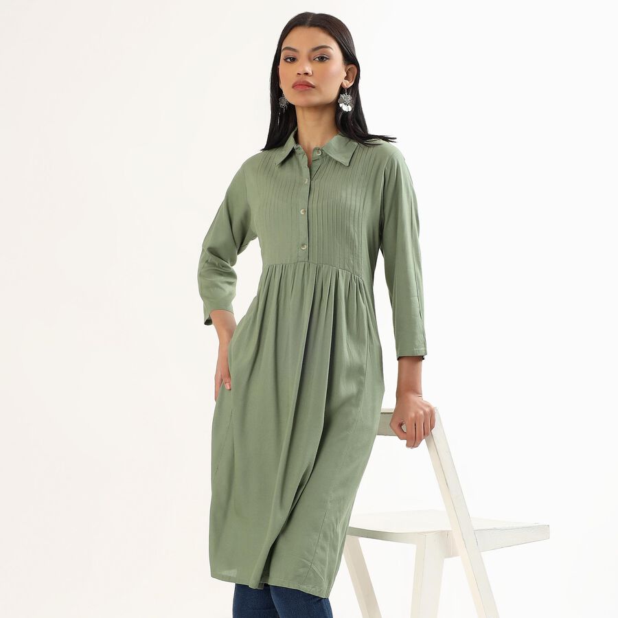 Women's Muted Sage Green Collared Self Design Kurta, गहरा हरा, large image number null