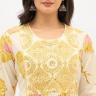 Women's Light Cream Round Neck Embroidered Floral Kurti, पीला, small image number null