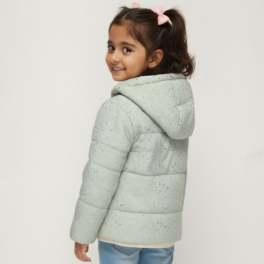 Girls' Light Sage Green Hooded Glitter Puffer Jacket, Light Green, large image number null