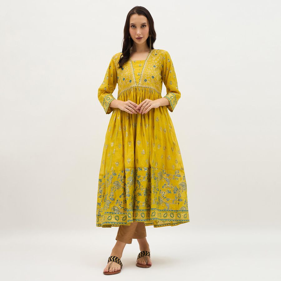 Women's Bright Mustard Yellow V-Neck Embroidered A-Line Kurta, Light Green, large image number null