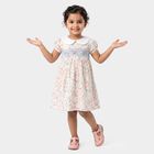 Girls' White Floral Printed Smocked Fit and Flare Frock, Off White, small
