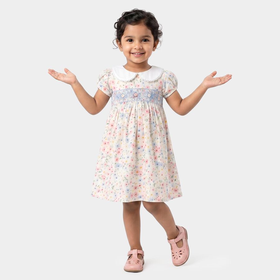 Girls' White Floral Printed Smocked Fit and Flare Frock, Off White, large