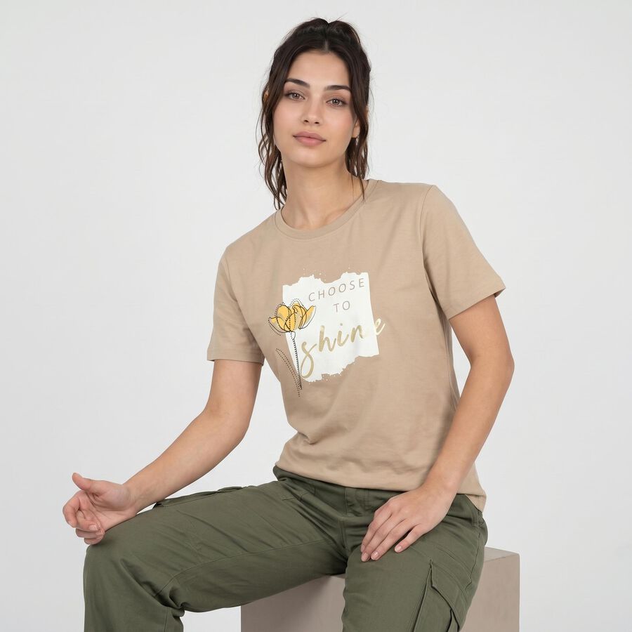 Women Beige Round Neck Regular T-Shirt, Beige, large