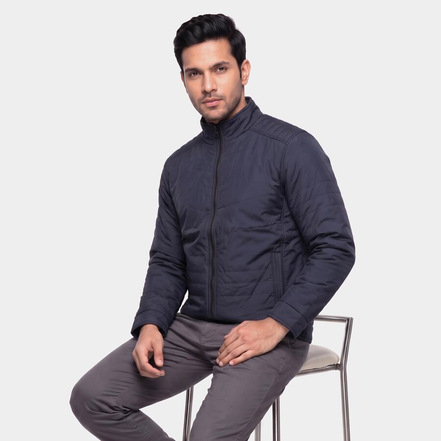 Men's Navy Blue Stand Collar Windbreaker Jacket, Navy Blue, large