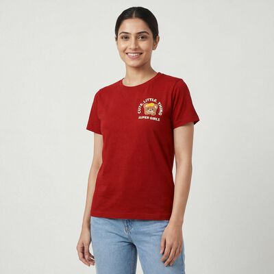 Women's Maroon Cotton Round Neck Casual T-Shirt